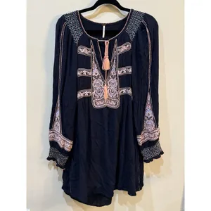 Free People Wind Willow Bohemian Peasant Mini Dress Size Large Navy Embroidered thumbnail 5
