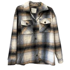 Altar'd State Plaid Oversized Jacket Coat Size XS Blue‎ Taupe Buttons Pockets thumbnail 1