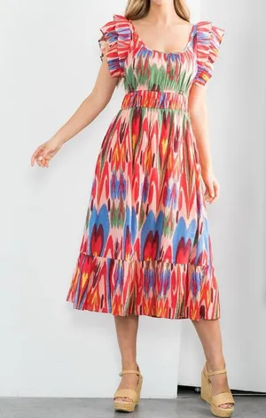 THML Multicolor Ikat-Style Summer Dress in Blue and Coral thumbnail 1