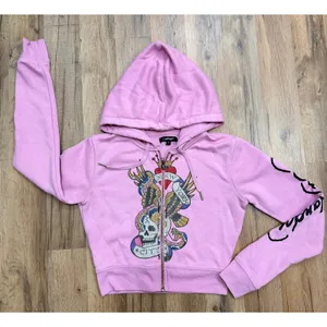Ed Hardy Women S Pink Zip Hoodie New York City Skull Tattoo Y2K Graphic thumbnail 2