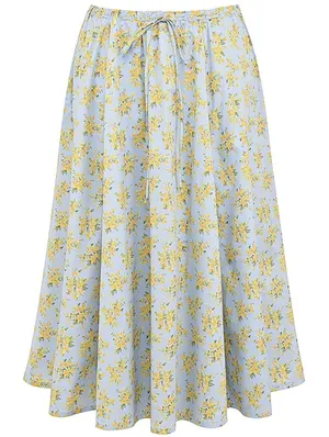 House of CB Cora Gathered Lace-Up Cotton Midi Skirt Soft Blue Vintage Floral thumbnail 3