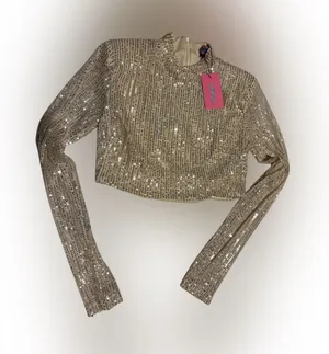 Edikted Gold Sequin Long Sleeve Crop Top thumbnail 1