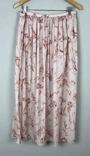 T Tahari Maxi Skirt Womens Large Cream‎ Pink Floral A-Line Stretch Lightweight L thumbnail 1