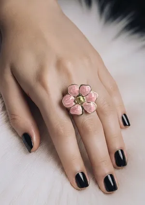 Women’s Gorgeous Pink & Gold Flower Design Statement Adjustable Ring Size 6-9 thumbnail 1
