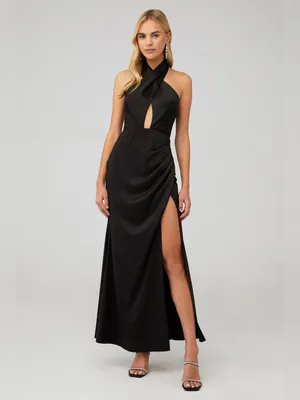 ELLIATT Brynn Black Satin Halter Cutout Maxi Gown Womens XS EUC thumbnail 2