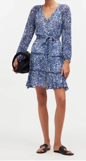 Madewell Blue White Floral Tiered Mini Dress Long Sleeve NS128 Size 00 NWT thumbnail 1