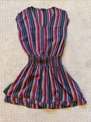 Rails Lucca Linen Blend Smocked Mini Dress Brava Multi-Color Stripe Size XS thumbnail 3
