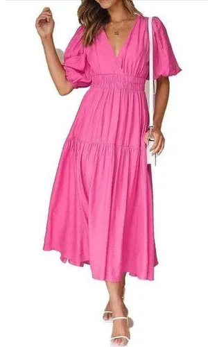 NEW Puff Sleeve V Neck A-line Flowy Tiered Midi Dress Barbie core L thumbnail 1