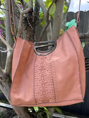 Boho Hobo Shoulder Bag Pink Faux Leather Crochet Lace Panel Oversized Tote Purse thumbnail 1