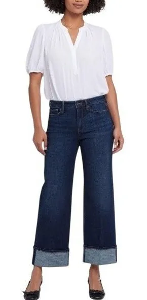 NYDJ Teresa Wide Leg Jeans Womens 8 Blue Excellent Cuffed Lift Tuck High Rise thumbnail 1