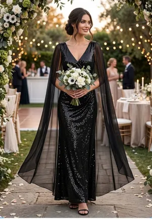 NWT V-Neck Floor-Length Sequin Formal Sheath Column R&M Richards 5259 Black thumbnail 1