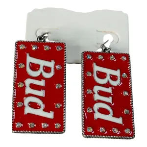 Budweiser Bud Beer Drop Earrings Womens OS Red Rhinestone Enamel Retro Statement thumbnail 2