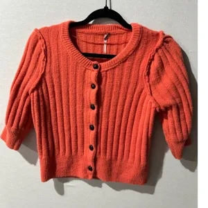 Free People Sloane Women's Coral Ribbed‎ Puff Sleeve Cropped Cardigan Top thumbnail 3