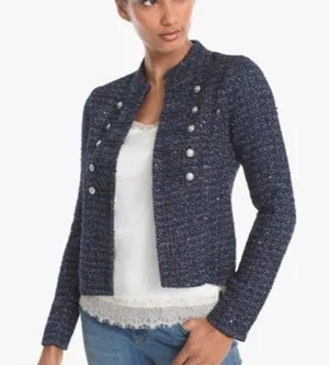 White House Black Market Navy Blue Tweed Jacket with Light Blue Accents Glitter thumbnail 1