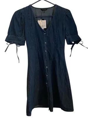 Sim & Sam Short puff Sleeve w/ Bows Button-Front Denim Dress coquette western thumbnail 3