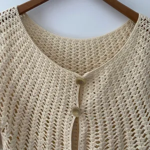 Vintage Crochet Open Knit Cardigan Sweater Medium Cream Ivory Button Up Handknit thumbnail 3