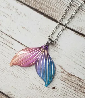 Mermaid Tail Pendant Necklace Pink, Purple, & Blue, Gold Tone - New thumbnail 1