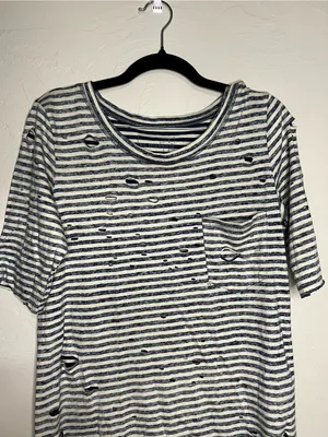 We The Free People Tommy Destroyed Blue White Striped Grunge Edgy Tshirt‎ thumbnail 3