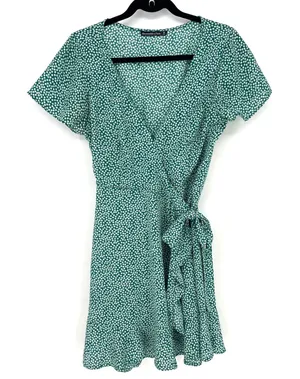 Abercrombie & Fitch Green Floral Wrap‎ Mini Dress Ruffle Daisy Medium EUC thumbnail 1