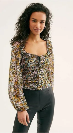 Free People Mabel blouse features a sheer floral print with balloon sleeves F53 thumbnail 1