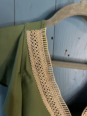 “B” Olive Green One-Piece Swimsuit w/ Crochet V-Neck & Flutter Sleeves | M (New) thumbnail 4