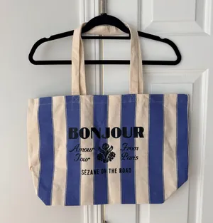 Sézane Blue Stripe Bonjour Amour Tour From Paris Canvas Tote thumbnail 2