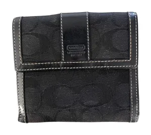 Coach Vintage Black Signature Jacquard Bifold Wallet Leather Trim Monogram Snap thumbnail 1