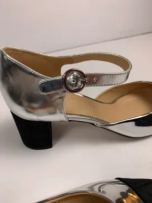 J.Crew Maisie Womens 9.5 Silver Leather Mary Jane Block Heel Black Cap Toe Shoes thumbnail 10