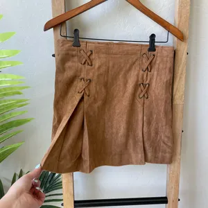 She + Sky Tan Suede-Look Lace-Up Mini Skirt thumbnail 2