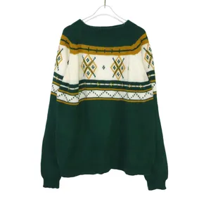 MG 1980s Vintage Sweater Green & Yellow Argyle Knit Sweater Large XL Crewneck thumbnail 2
