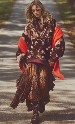 Free People Bohemian XL Rosie Oversized Floral Sherpa Jacket Pullover Brown Fall thumbnail 1