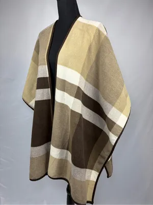 Plaid Open-Front Cape in Cream, Beige and Brown thumbnail 3
