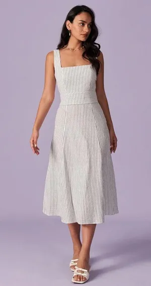 Rihoas White Square Neck Striped Midi Dress Size L thumbnail 6