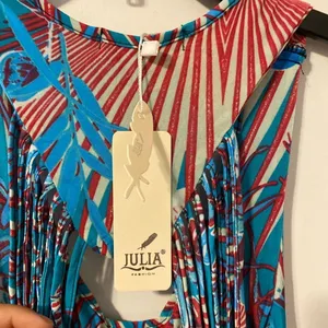 Julia Tropical Hibiscus Maxi Dress Womens Small Turquoise Red Fringe Cutout Back thumbnail 3