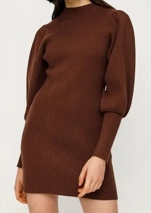 AVANTLOOK Bubble Sleeve Ribbed Sweater Mini Dress Brown NWT Size S thumbnail 1
