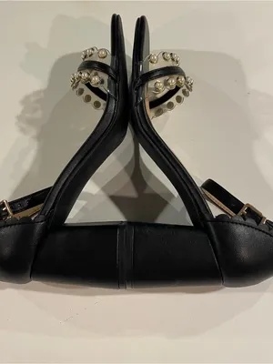 Comfort Sandals Black Faux Leather Pearl Embellished Block Heel Women’s 9W thumbnail 5