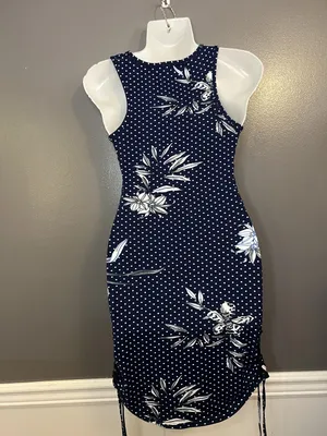 Love Dress Womens Medium Blue Polka Dot Floral Ruched Bodycon Tank Mini thumbnail 7