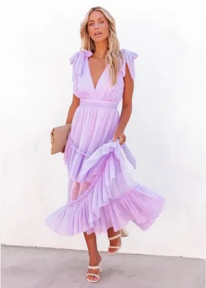 Vici Asymmetric Skirt Tie Strap Polka Dot Tie Back Detail Midi Dress Lavender Purple thumbnail 2