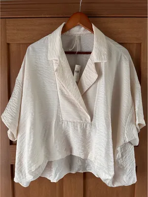NWT Anthropologie Dylon Short-Sleeve Wide Placket Top Blouse Women’s Large P thumbnail 5