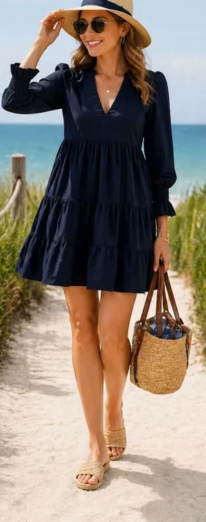 Pomander Place Kenzo Navy Cotton Poplin Tiered Dress Ruffle Sleeve~S🧡 thumbnail 1