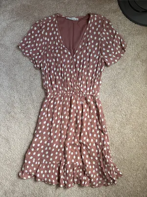 Abercrombie & Fitch Mauve Pink Polka Dot Faux Wrap Mini Dress. Size Medium thumbnail 1