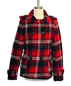 Cocoa Platinum Womens Red Black Plaid‎ Wool Blend Double Breasted Peacoat Size M thumbnail 1