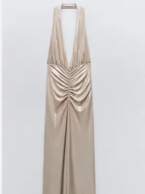Zara Metallic Ruched Halter Shimmer Midi to Maxi Formal Dress Cava Soft Gold XS thumbnail 4