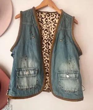 VINTAGE denim leopard lined vest beading studded reworked SIZE LARGE Coachella‎ thumbnail 1