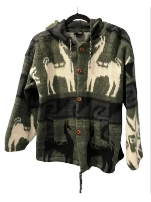 VTG Gensis Alpaca Wool Hooded Sweater Jacket Llama Aztec Green Small Stretch thumbnail 1