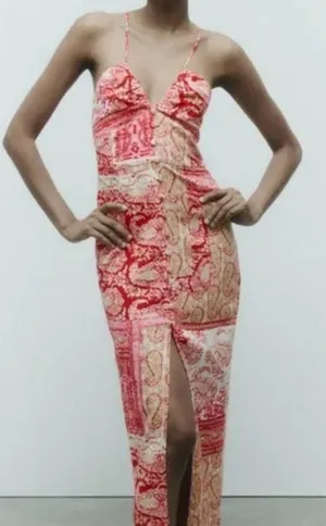 Zara Red Paisley Strapless Maxi Dress with Front Slit size S thumbnail 1