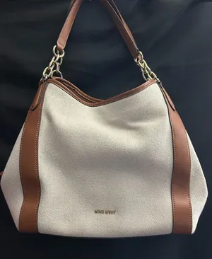 Nine West Cream Canvas Shoulder Tote Boho Bag with Brown Trim thumbnail 1