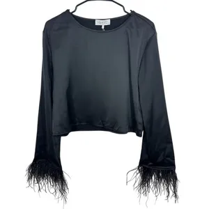 WAYF Black Satin Feather Trim Long Sleeve Crop Top Women's Size‎ S NWT Shopbop thumbnail 3