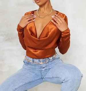Pretty Little Thing New Satin Cowl Neck Long Sleeve Crop Top Rust Size 6 thumbnail 3
