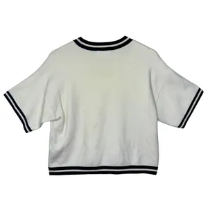 Abercrombie & Fitch Cream Striped Knit Cropped Varsity Short Sleeve Sweater Sz M thumbnail 2